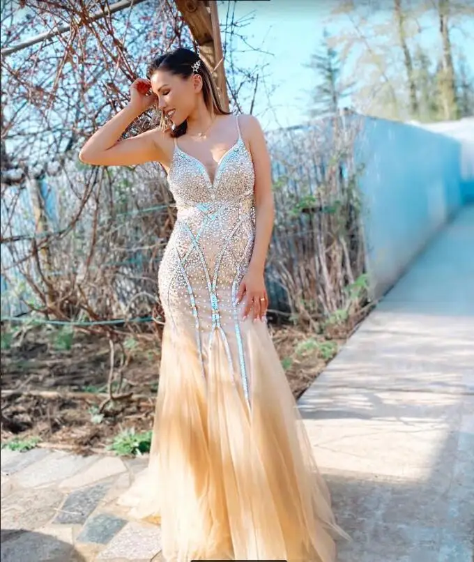 

Mix Color Champagne Evening Dress 2020 strap Beadings elegant Trailing luckgirls Customizable prom Dress mocini tailor