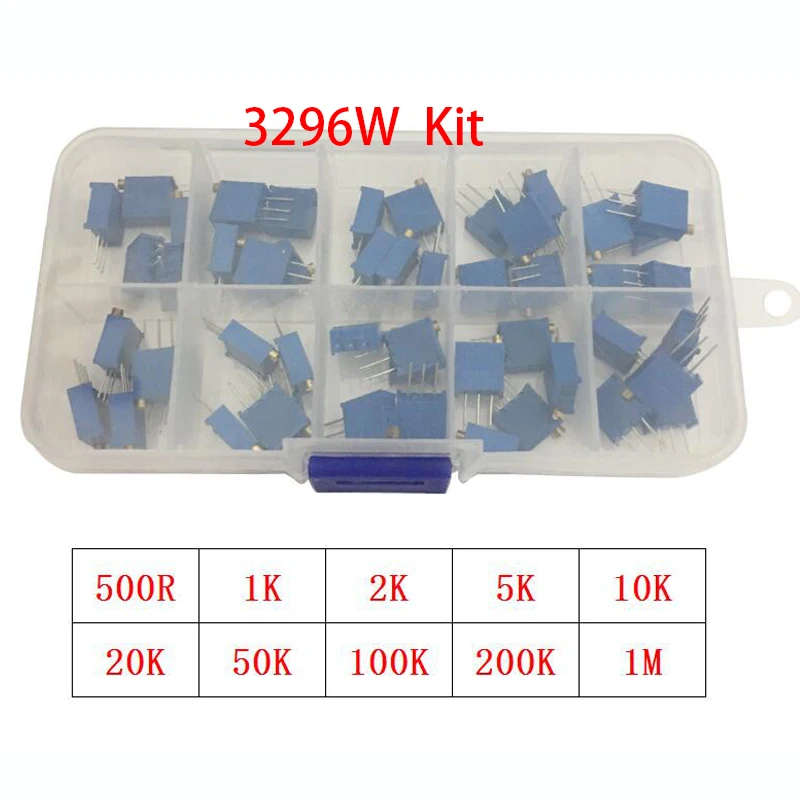 50 pçs/lote 3296w multiturn kit potenciômetro aparador de alta precisão 3296 resistor variável 1k 2k 5 10 20k 50k 100k 200k 500k 1m