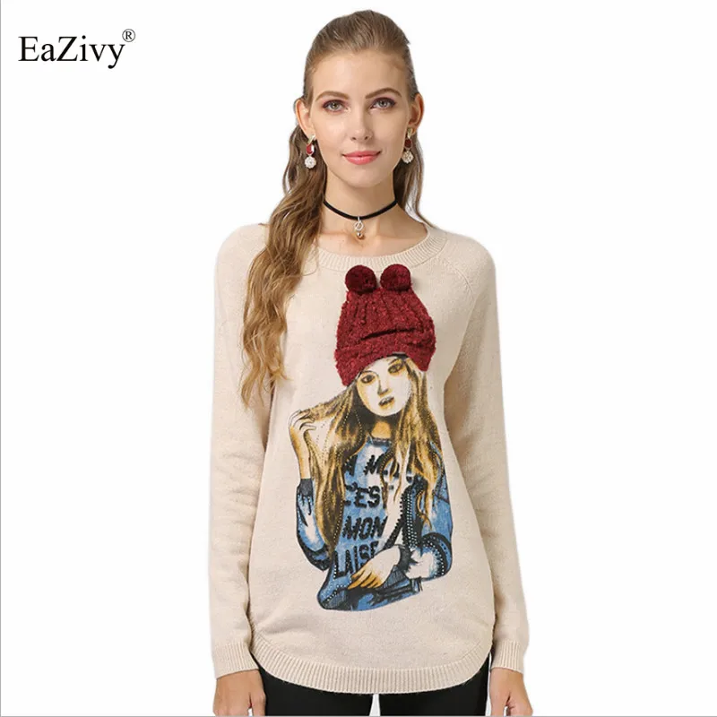 EaZivy, Корейская версия, свободный женский свитер,, длинный рукав, Повседневный, с принтом куклы, Свитера для осени и зимы, женские топы, пуловер