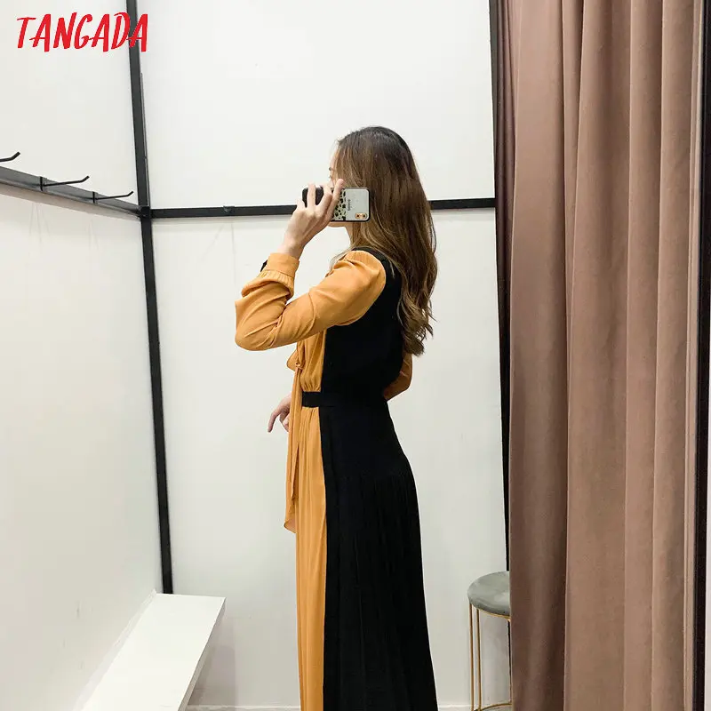 Tangada, женское элегантное платье средней длины с длинным рукавом и галстуком-бабочкой, Женская офисная одежда, платья vestidos mujer XN20