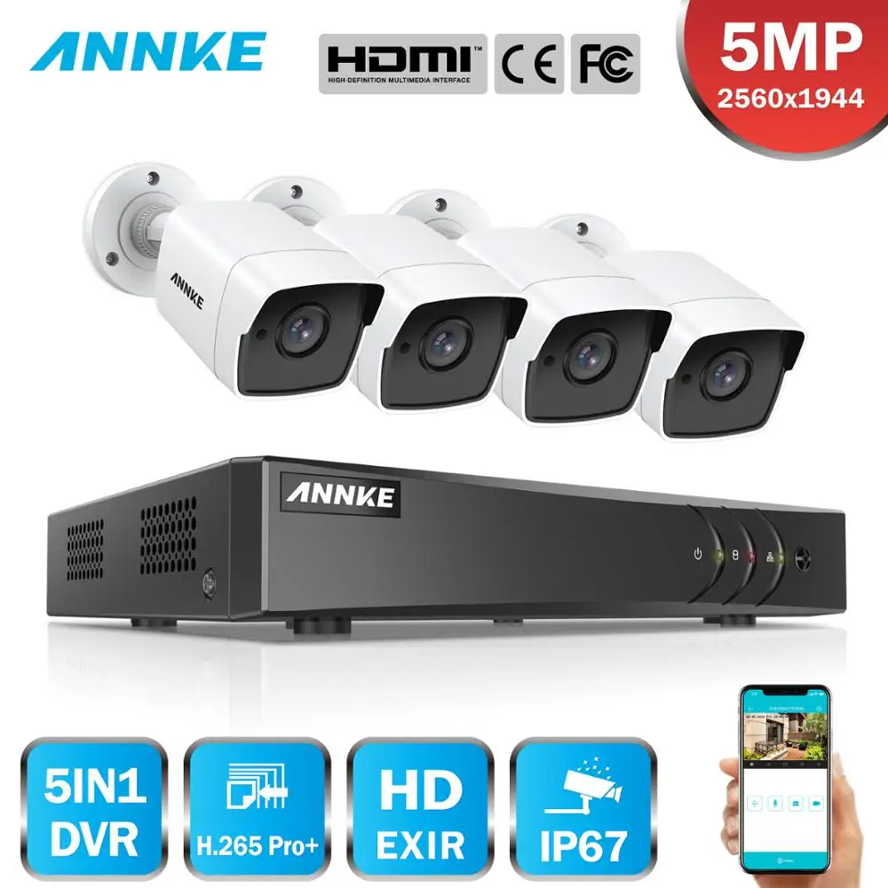 Камера видеонаблюдения ANNKE 8CH 5MP Lite Ultra HD H.265 + DVR 4 шт. 5 Мп непогоды уличные Камеры