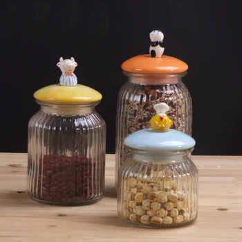 

Nordic Art Glass Sealed Jar with Animal Cover Simple Home Food Storage Bottle Spice Candy Jar Tea Box Kitchen Storage Container