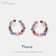 Yhpup трендовые простые дизайнерские роскошные стразы серьги-гвоздики, темпераментные цветные хрустальные свадебные украшения Свадебные аксессуары