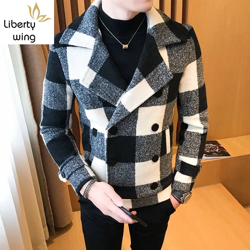 Модные клетчатые двубортные мужские шерстяные короткие пальто корейские
