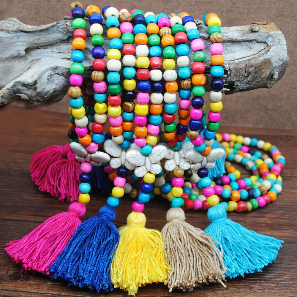

Long Bohemian Retro Butterfly Pendant Tassel Bead Sweater Chain Dark blue,Blue,Rose red,yellow,Khaki