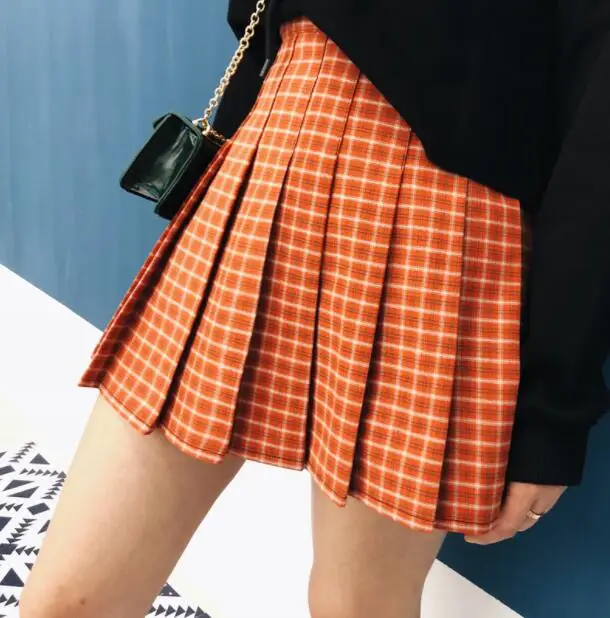 

New Women Cute Sweet Style Big Size High-waisted Orange Red Chequered A-shaped Fashion Mini Short Skirt XS-5XL