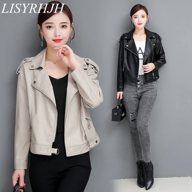 LISYRHJH дизайн весенне-осенняя куртка из искусственной кожи искусственная мягкая кожаная куртка облегающая черная мотоциклетная куртка на молнии с заклепками