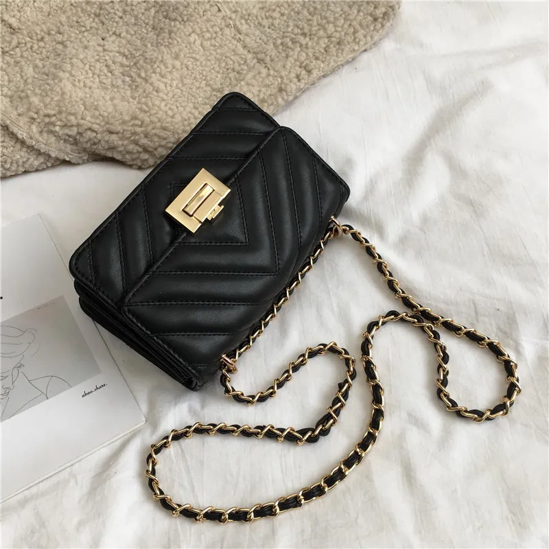Burminsa Elegant Quilted Chain Crossbody Bags For Women Unique Design Lock High Quality Soft PU Female Shoulder Bags Autumn - Цвет: Black
