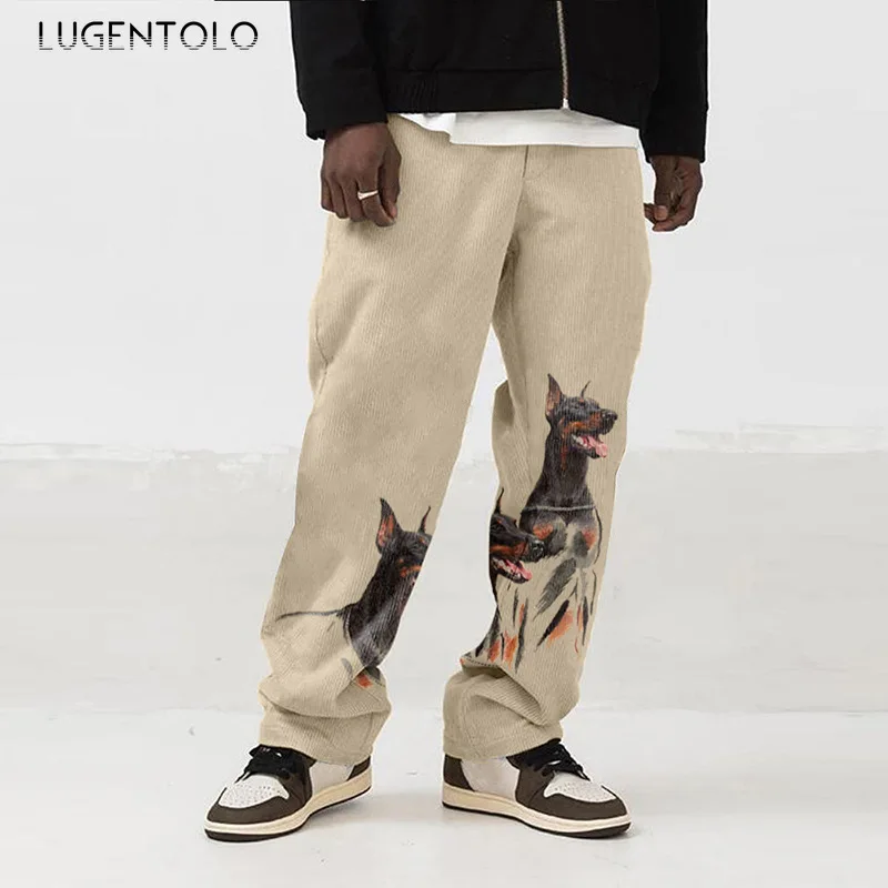 

Lugentolo Men Spring Pants Dog Print Straight Casual Trousers Corduroy Thin Mid Waist Autumn Street Fashion Pants