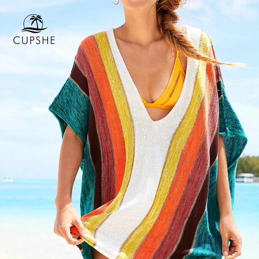 

CUPSHE Colorful Vertical Stripes Bikini Cover Up Sexy V-neck Tunic Beach Dress Women 2019 Summer Beach Bathing Suit Beachwear