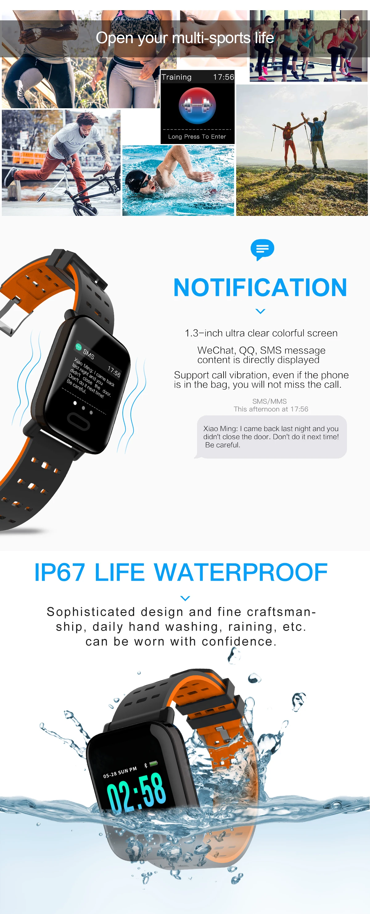 BINSSAW Смарт-часы Bluetooth спортивный монитор сердечного ритма IP67 водонепроницаемые часы напоминание о звонках приложение уведомления о