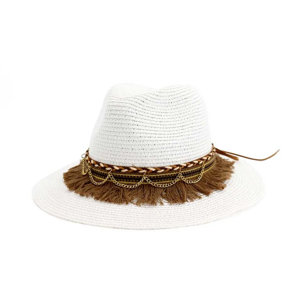 Летние шляпы от солнца для женщин Мужская пляжная соломенная шляпа Богемия Кепка для защиты от ультрафиолета Панама шляпа с кисточкой кожаный ремень Золотое ожерелье - Цвет: C011-3