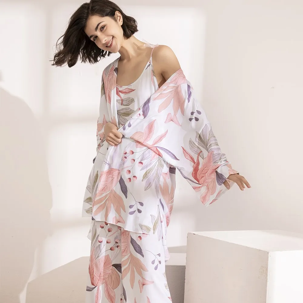 Cotton Viscose Ladies Three-piece Pajamas Set Women Spring and Autumn Comfortable Soft Home Suit Robes with Pants | Женская одежда