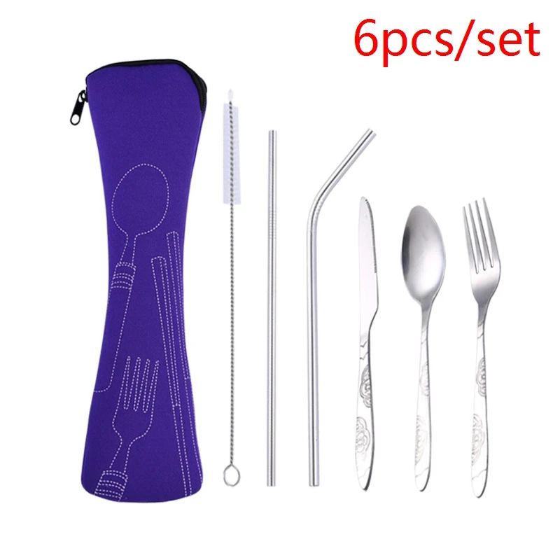 purple 6pcs 3 шт./компл. Портативный Нержавеющая сталь набор столовых приборов цветок картина вилка ужин набор посуды домашней утвари посуды сумка - Цвет: purple 6pcs