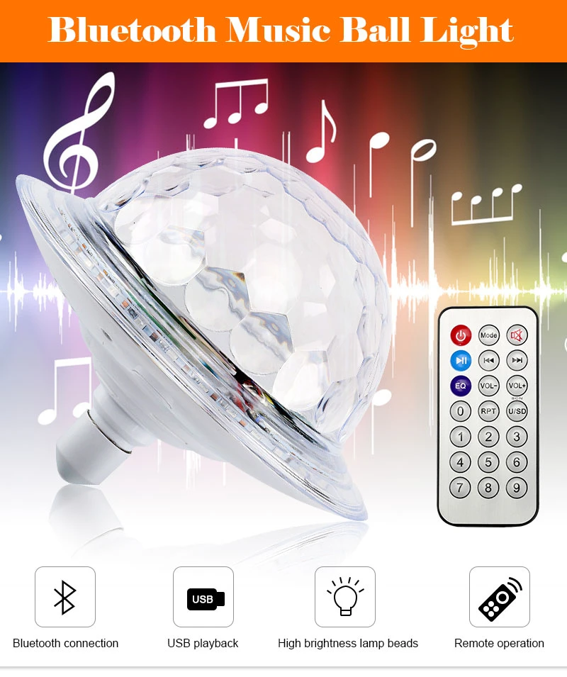 30 шт. НЛО светодиодный диско E27 Bluetooth MP3 RGB кристалл магический вращающийся шар 6 цветов Пульт дистанционного управления проектор вечерние DJ сценическое освещение