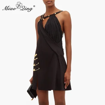 

MIAOQING Asymmetrical Patchwork Pin Dress For Women Spaghetti Strap Off Shoulder High Waist Dresses Female Autumn New 2019