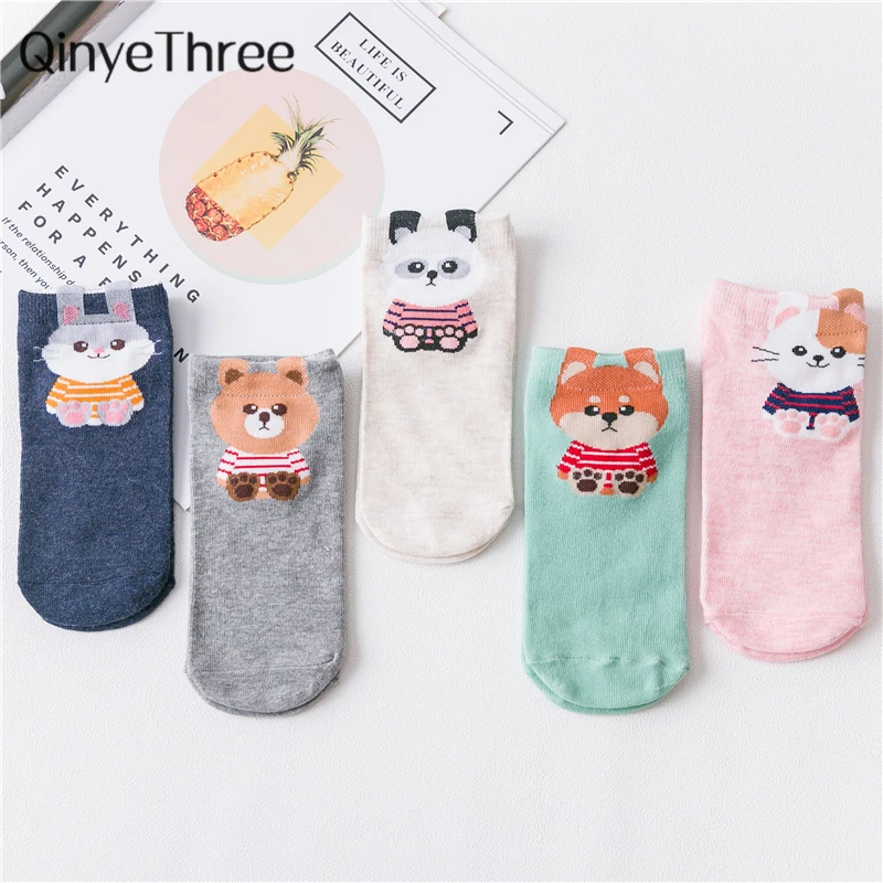 Милые женские хлопковые носки с животными; летние короткие носки с кошкой и собачкой; женские повседневные Мягкие забавная лодка; носки
