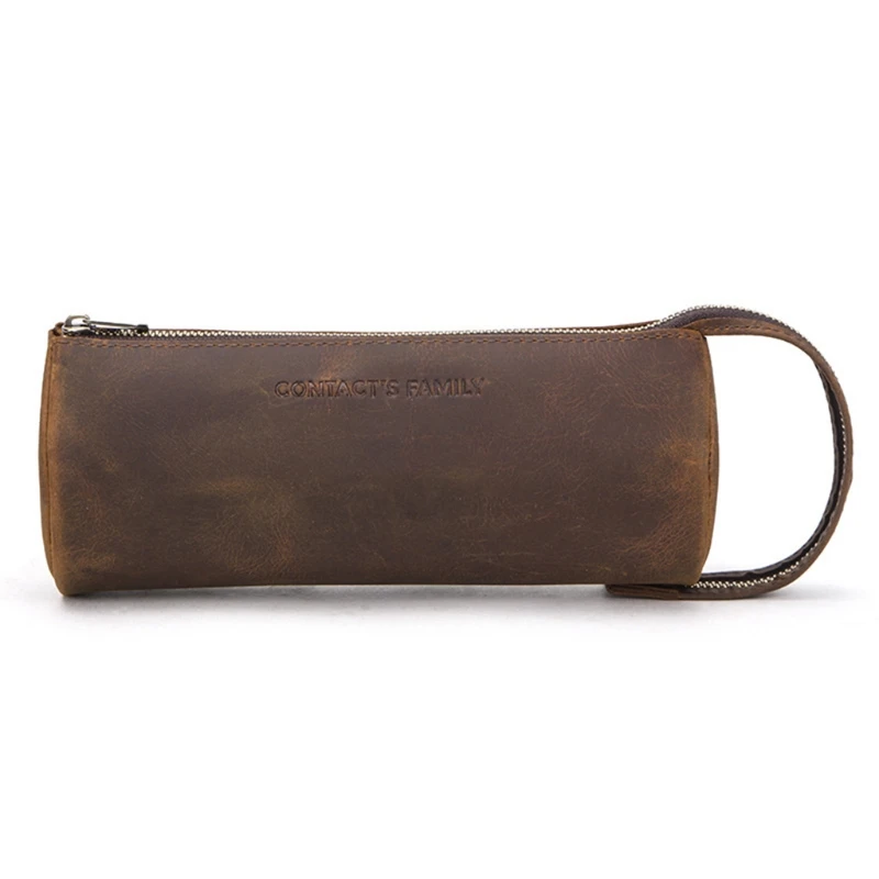 

Retro Cowhide Leather Zipper Pencil Case High Capacity Business School Office Pen Bag Pouch Stationery Supplies