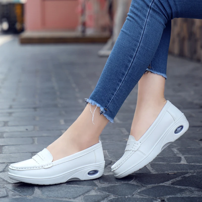 Plardin Women Loafers Shoes Genuine Leather Slip On Walking Shoes White Sneakers Casual Shoes Ballet Flats Hospital Nurse Shoes