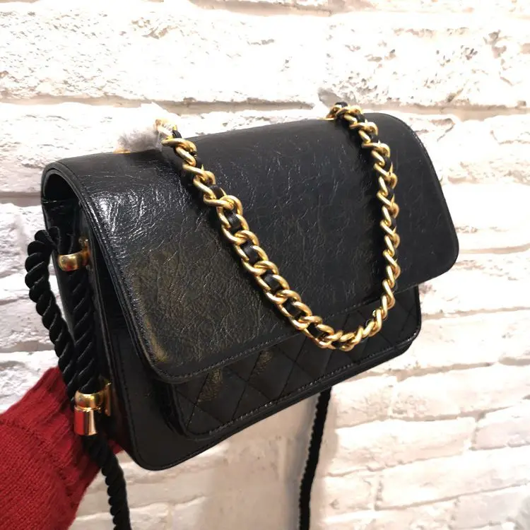 

Graceful 2019 Spring And Summer New Style Cowhide Rhombus Flip Hemp Rope Bag Women's Chain Hand Shoulder Square Sling Bag