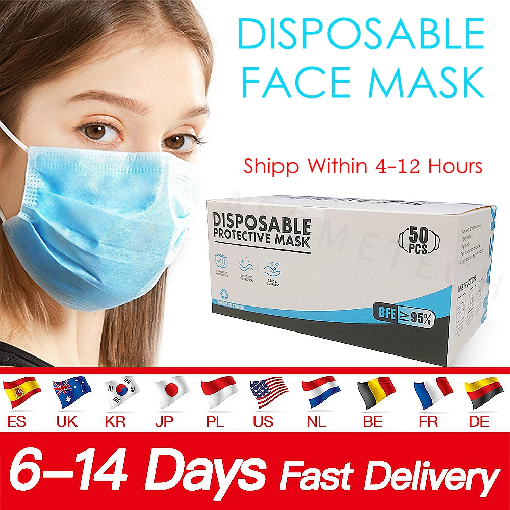 

50 Pcs Mascarillas Disposable Masks 3-Layer Nonwoven Mask Respirator Masque Anti Flu Dustproof Protective Mouth Face Mask Flu