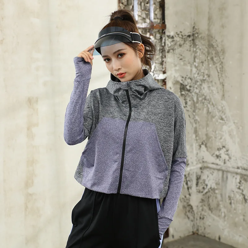 gray purple Свободный укороченный топ для спортзала, укороченная толстовка с капюшоном, куртка для фитнеса, женские спортивные куртки на молнии с капюшоном, куртка для бега с длинным рукавом, женская спортивная одежда - Цвет: gray purple