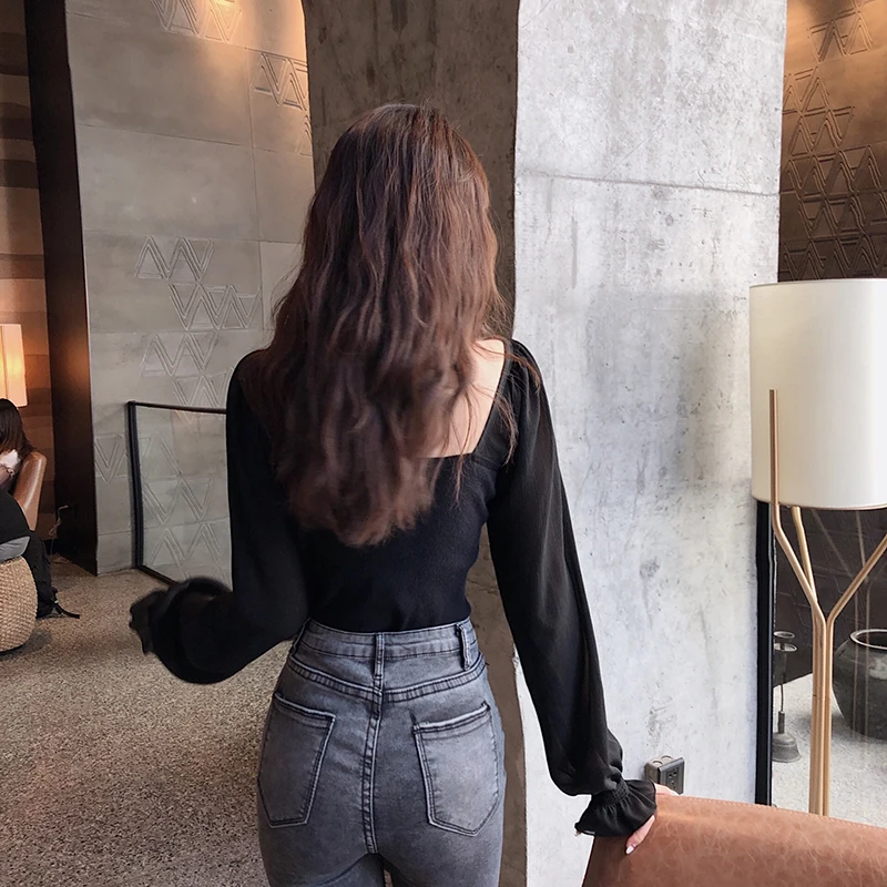 Women Slim Patchwork Chiffon Full Lantern Sleeve Square Collar Cropped T-Shirts Lady Knitted Stretchy Crop Tops Tshirt For Girls