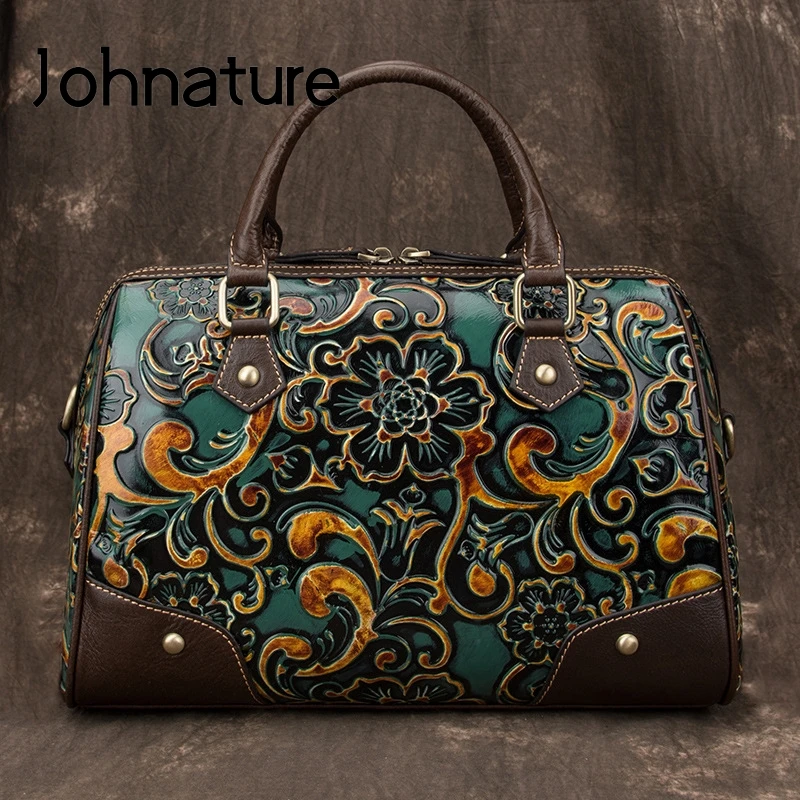 Johnature Retro Genuine Leather Women Handbags 2021 New Handmade Embossing Cowhide Luxury Female Shoulder & Crossbody Bags