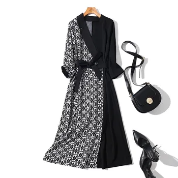 

New Fashion 2019 Woman Autumn Winter Dress Clothes Long Sleeve Lace Up Hit Color Patchwork Aline Plus Size Dresses Female