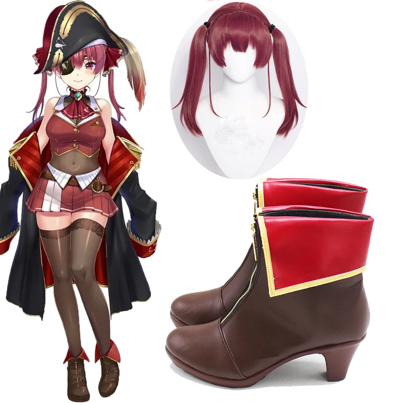 

VTuber Houshou Marine Wig Hololive Girls Youtuber Cosplay shoes Long Straight Ponytails Synthetic Hair Role Play + Wig Cap