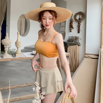 

Bikini Brazilian Swimsuit Separate Female Tankini Swimwear For Women Two Piece New Three Beach Skirt Abdomen Solid Polyester