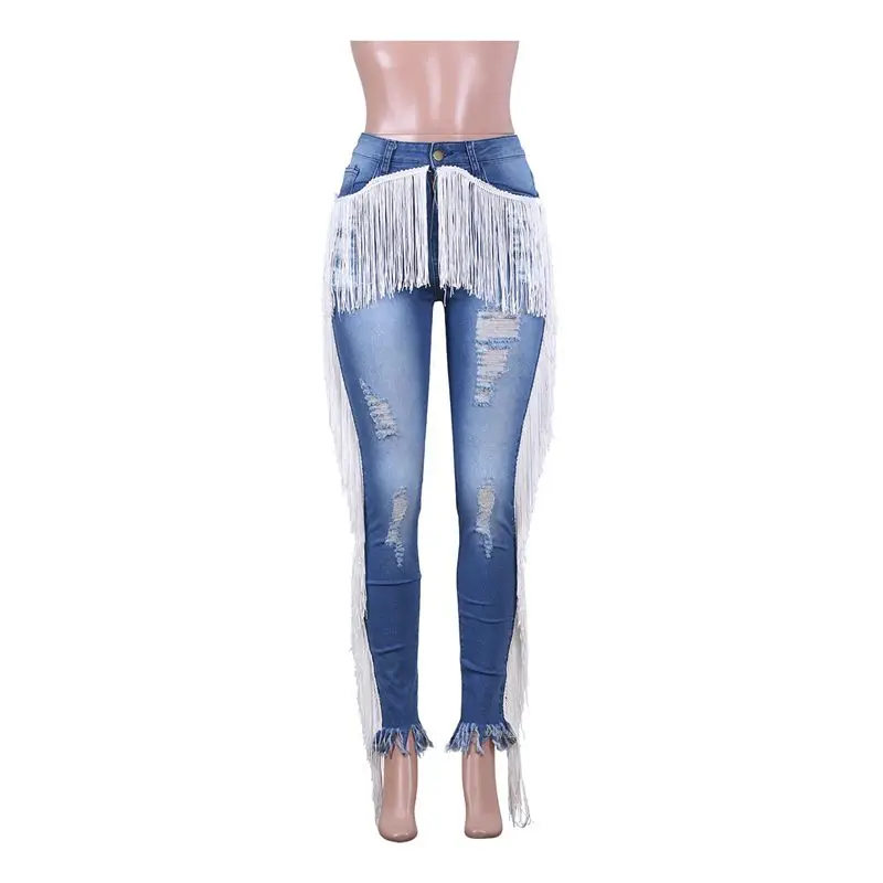 HAOYUAN рваные джинсы с бахромой и высокой талией для женщин, Осенние Стрейчевые обтягивающие джинсовые штаны размера плюс, элегантные винтажные синие джинсы с кисточками
