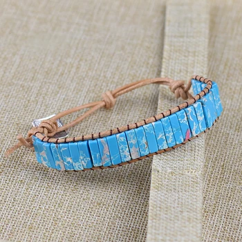 

Chakra Bracelet Jewelry Handmade Natural Stone Blue Turquoises Bracelet Tube Beads Leather Wrap Bracelet Couples Bracelets