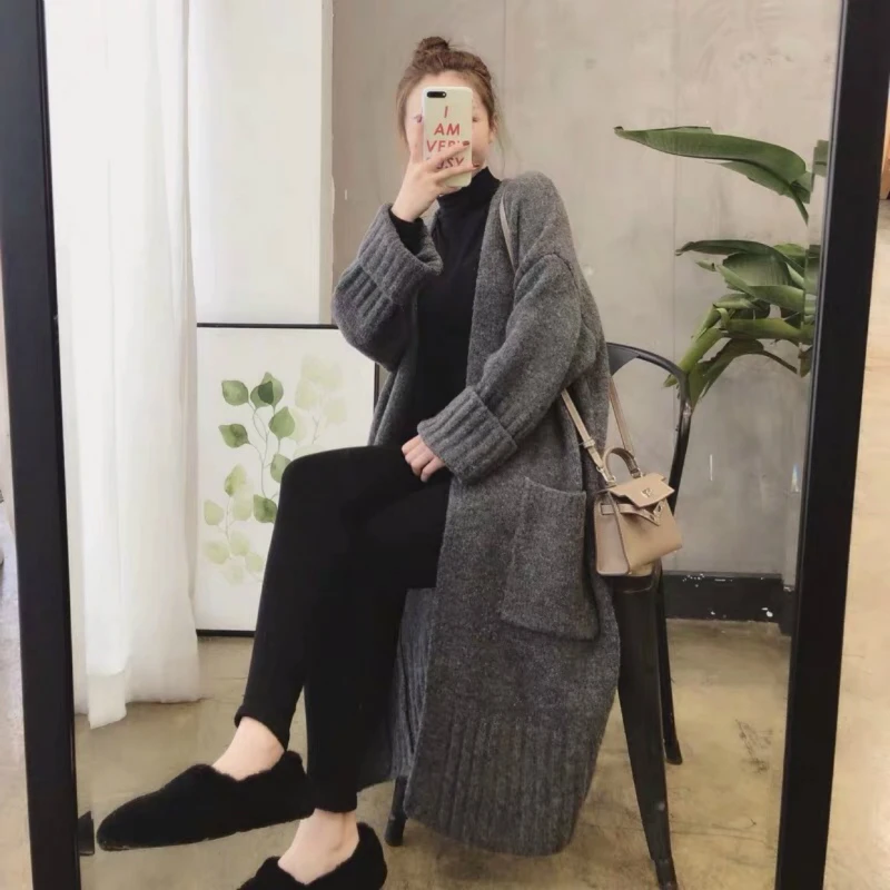

Autumn and winter new Korean women's clothing lazy wind loose thickening medium length knitted Cardigan Sweater Jacket Women