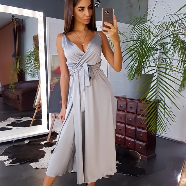 Dabourfeel Sexy Deep V-neck Spaghetti Strap Dresses Women Sleeveless High Waist Party Club Dress Solid Color Long Midi Dress New 5