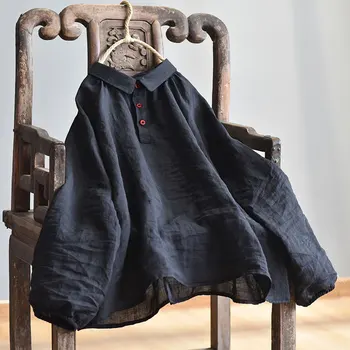 

Women 2020 Spring Solid Color Ramie Shirt Tops Ladies Vintage Simple Blouse Shirts Female Turn Down Collar Tops