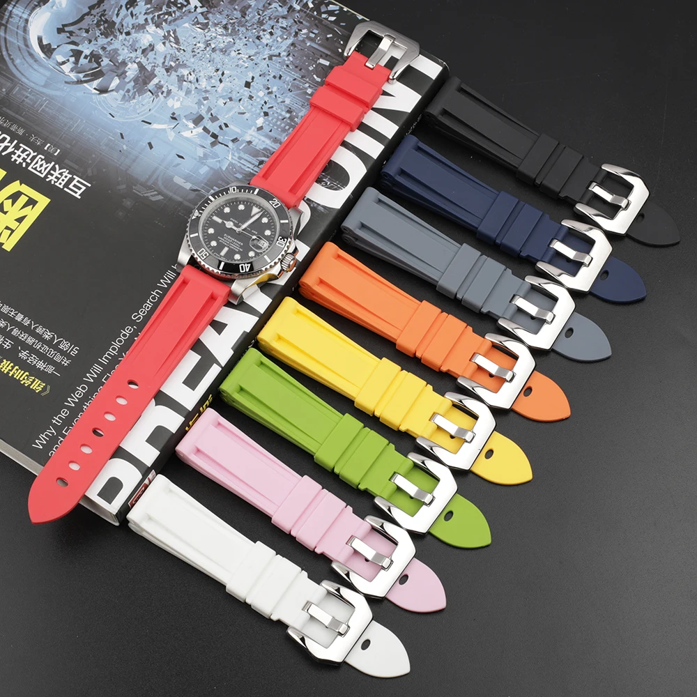 

Silicone Rubber Watch Band 20mm 22mm 24mm Waterproof Watchband Stainless Steel Silver Black Buckle Replacement for Panerai