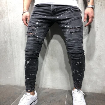 

OLOME Fashion Men hole Skinny Jeans Male Biker Hip Pop Biker Streetwear Mens Zipper Ripped Pants Plus Size Autumn New Bottoms