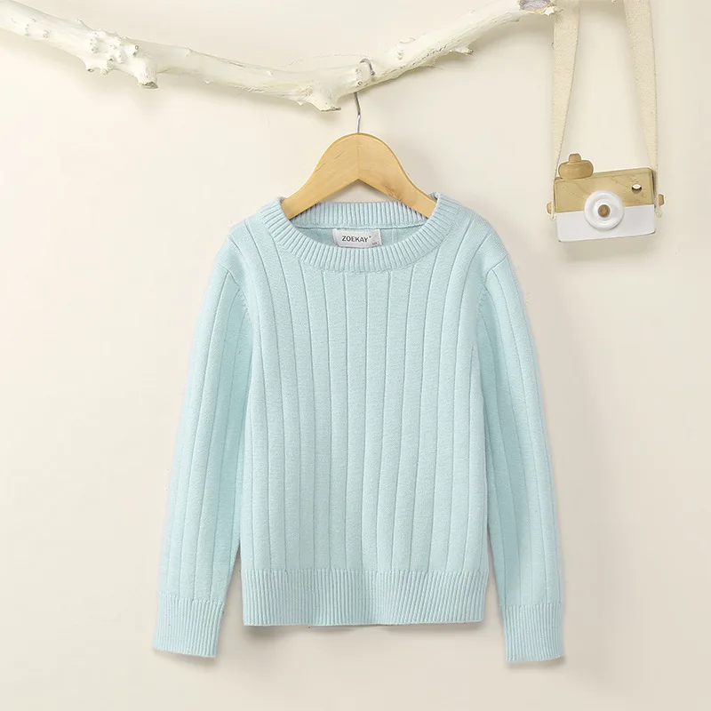 sky blue Одежда для маленьких девочек; зимние свитера для мальчиков; Детский свитер в рубчик с круглым вырезом; Однотонный Повседневный пуловер для девочек; осеннее Детское пальто - Цвет: sky blue