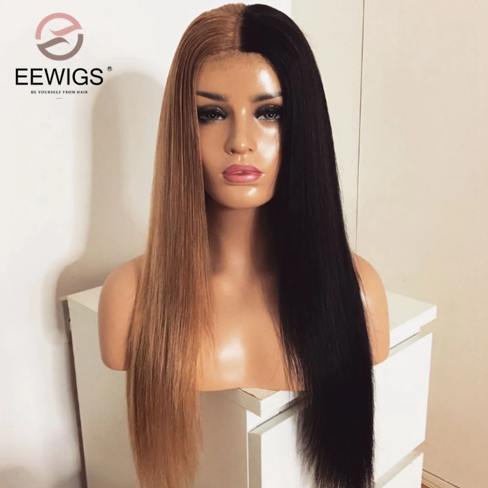 Парик для косплея EEWIGS Длинные прямые парики со светлыми кружевами спереди черные