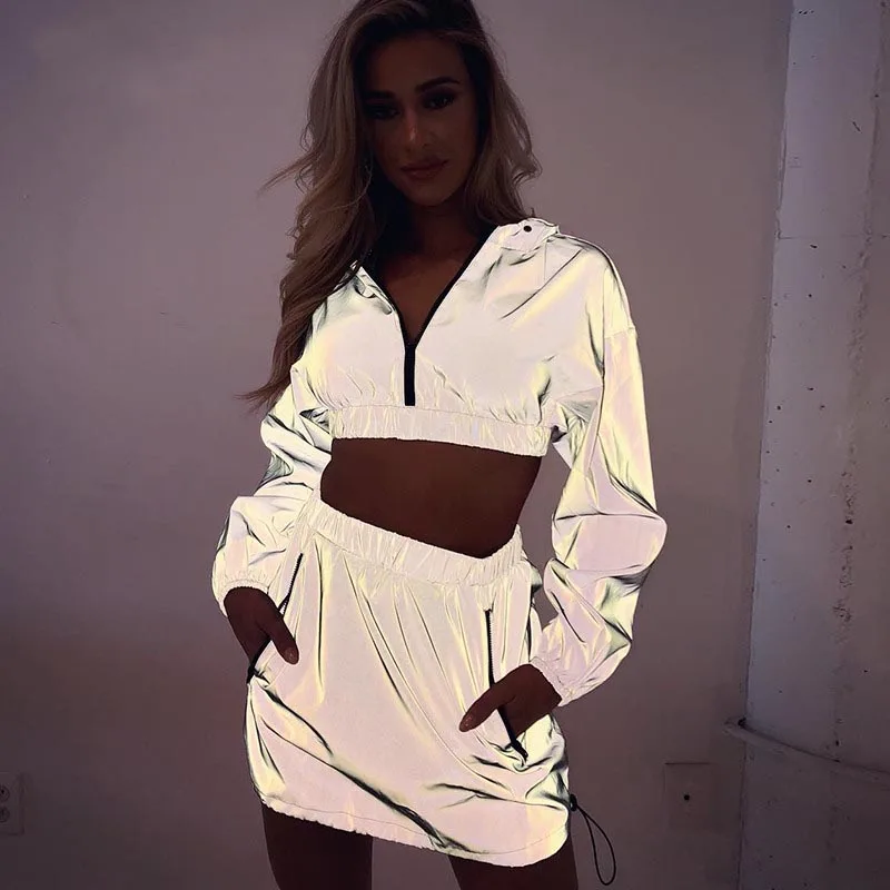 

Women Reflective flash Tracksuit Zipper Long Sleeve Hooded Sweatshirts Crop Top + High Waist Mini Skirt Version 2 Piece Set