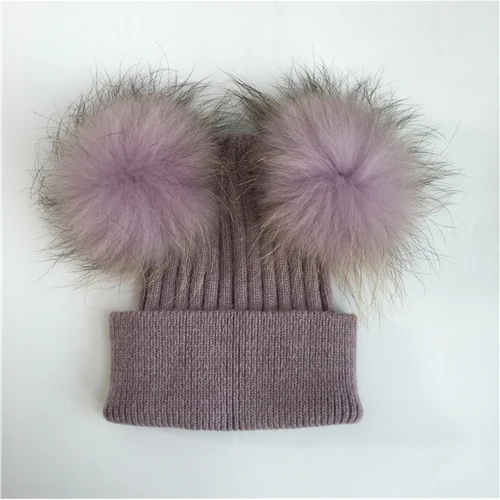 Шапка с помпоном из натурального меха енота, женские зимние шапки, вязаные шерстяные шапки Skullies Beanies для девочек, женская шапка с двумя помпонами из меха - Цвет: Purple match fur