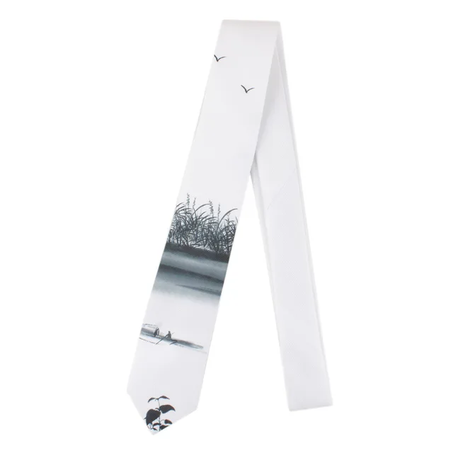 Men's Printed Tie Casual Banquet Suit Shirt Accessories Yarn-dyed Polyester Silk White Fine Novelty Landscape Painting Necktie 211107
