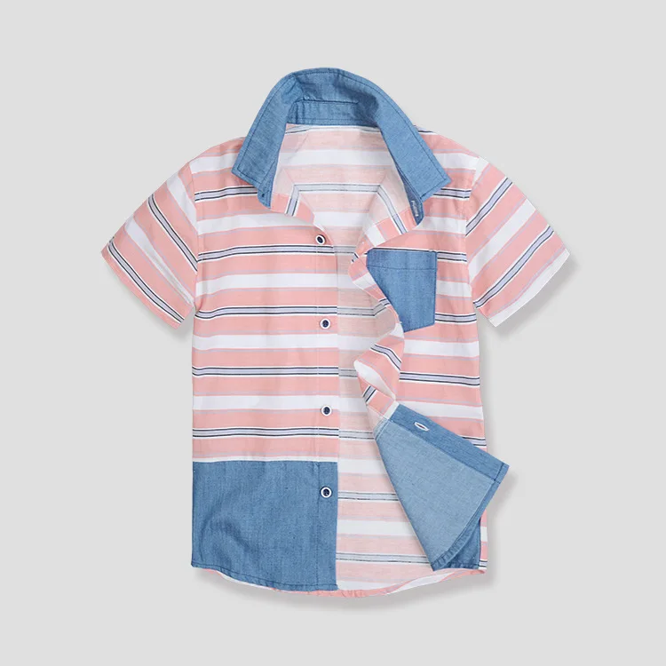 BOY'S Striped Shirt Short Sleeve Europe And America 4-12-Year-Old Big Boy Tops Fashion Joint Cowboy Shirt Factory Direct Selling