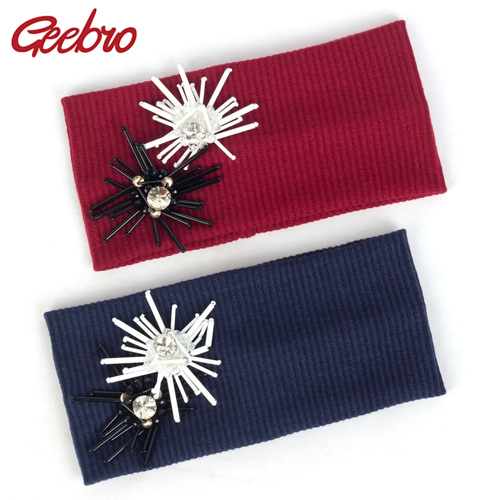 

Geebro Women Cotton Elastic Headband Crystal Flower Accessories Hairband Girls Ribbed Flat Headwear Casual Turban Hair Accessory