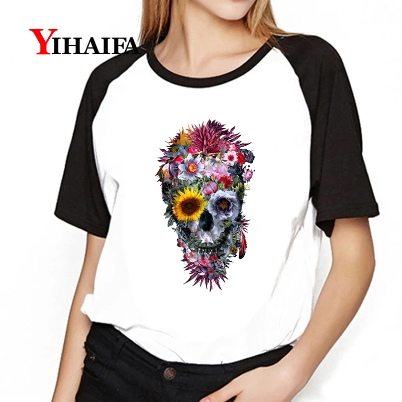 

Women Ulzzang T Shirts 3D Floral Skull Female Tee Dragon Ball Z Cartoon Goku Printed Short Sleeve Plus Size Casual Tops