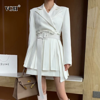 

VGH Elegant Patchwork Dress For Women Notched Long Sleeve High Waist With Sashes Ruched Mini Dresses Female Fashion New Clothes