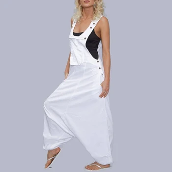 

Summer Women Jumpsuits Sleeveless Fashion Solid Color Backless Pockets Adjusted Buttons Casual High Waist Loose Jumpsuits