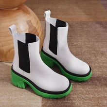 

Women's Chelsea Boots Thick Heels Pink Green PU Leather Mid-Tube Boots Women's Autumn Fashion Platform Short Boots