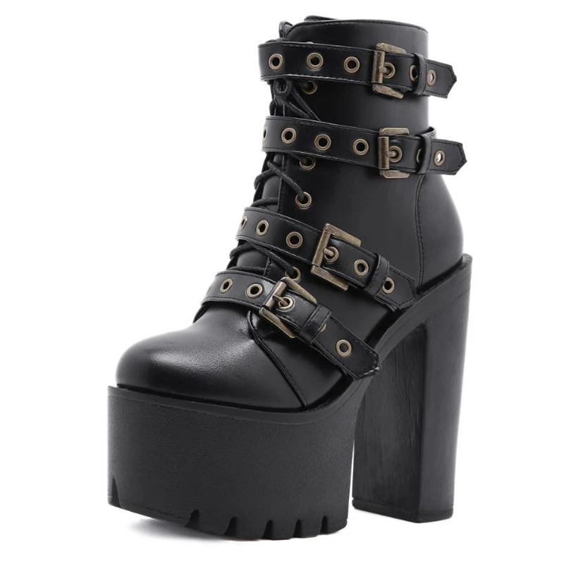 

Женские ботильоны с заклепками и ремешком, ботинки в готическом стиле, на платформе и высоком каблуке, мотоциклетные ботинки, женская повседневная обувь, Размеры 35-42